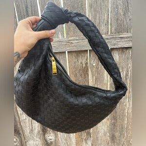 Black Leather Woven Shoulder Bag